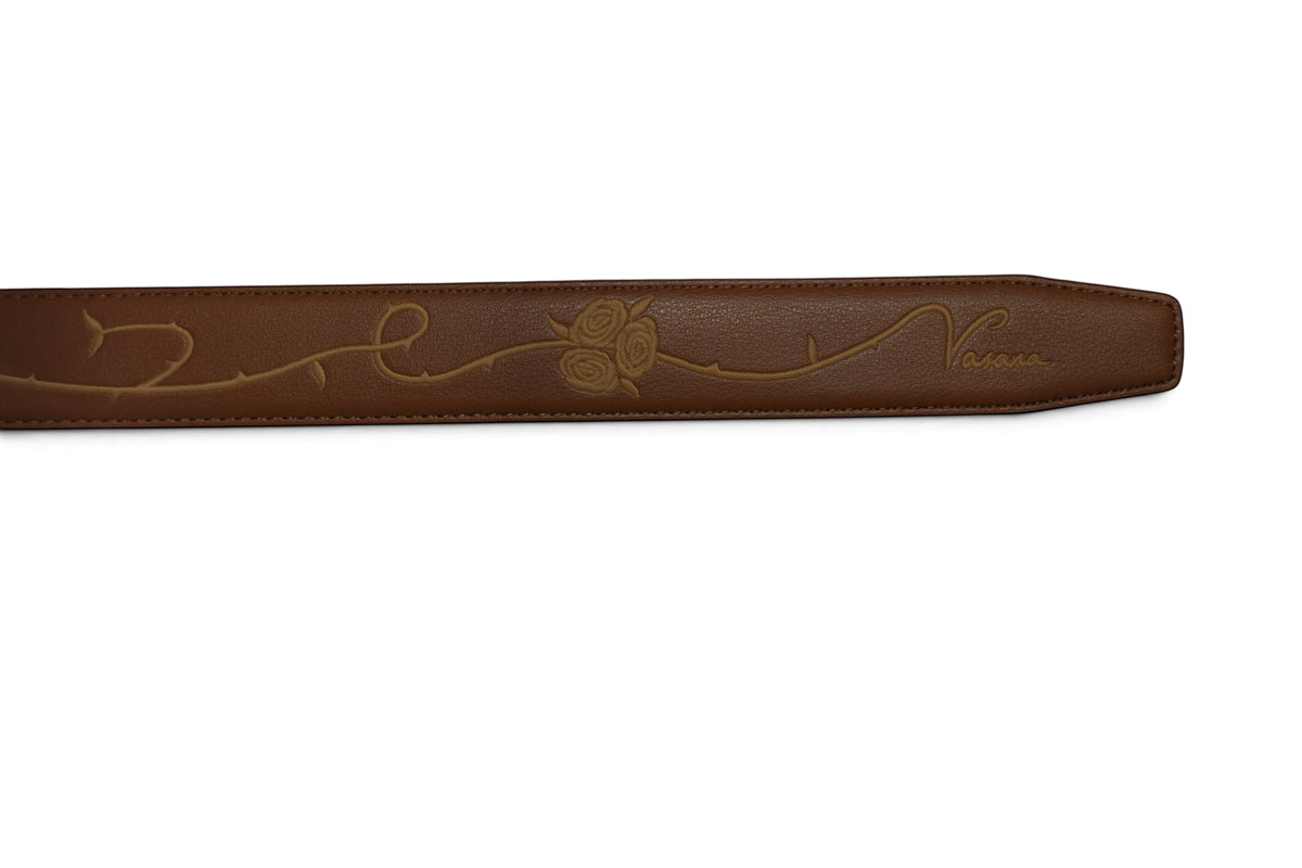 VASANA brown premium leather belt featuring an engraved rose vine pattern and brand logo detail