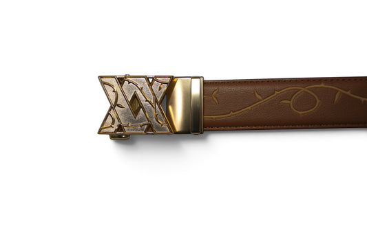 VASANA brown premium leather belt featuring an engraved rose vine pattern and a gold-toned automatic buckle.