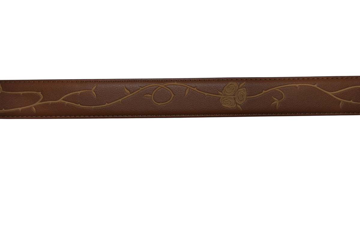 VASANA brown premium leather belt featuring a delicate engraved rose vine pattern along the strap