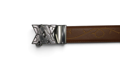 VASANA brown premium leather belt featuring an engraved rose vine pattern and a silver automatic ratchet buckle