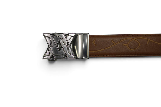 VASANA brown premium leather belt featuring an engraved rose vine pattern and a silver automatic ratchet buckle