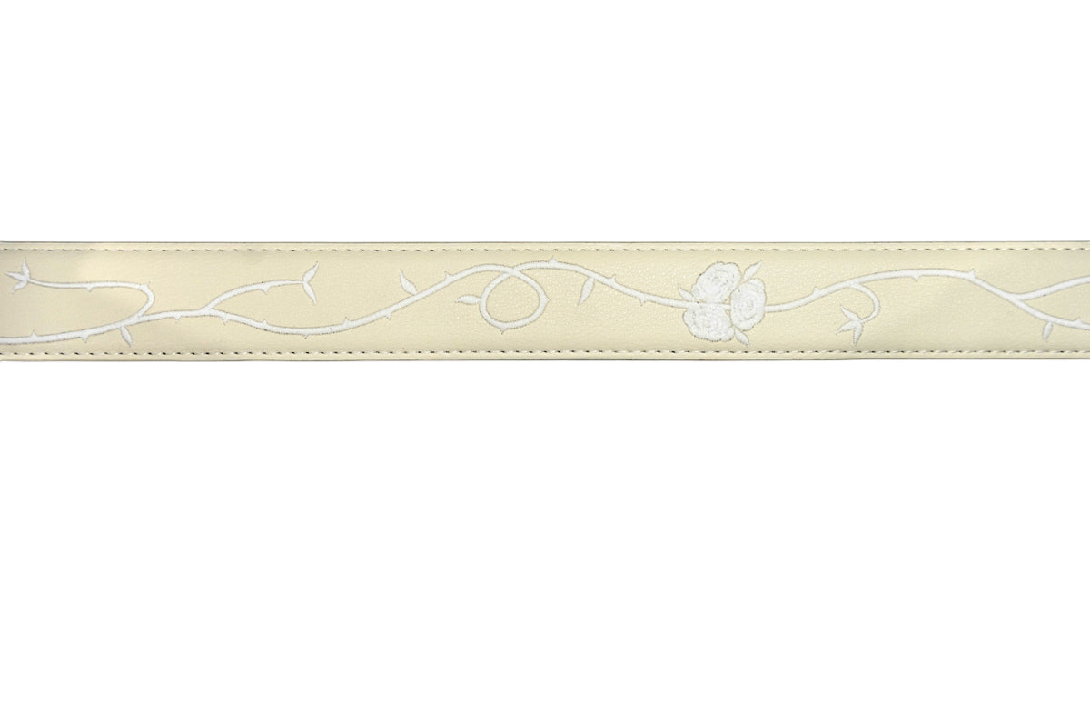 VASANA cream leather belt featuring delicate white embroidered floral vine and rose pattern with stitched edges
