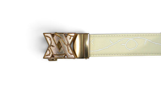 VASANA cream leather belt featuring an intricate embroidered vine pattern and a decorative gold-tone metal buckle
